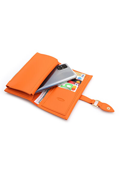 S.S SÜZER DERİ محفظة نسائية باللون البرتقالي - جلد ناعم ناعم مع سحاب