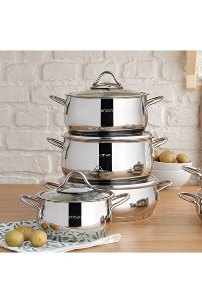 Emsan İndüksiyon Tabanlı 8 Parça Çelik Tencere Seti - Şık Paslanmaz Çelik Gövde