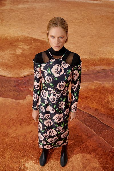 Jus De Pommes Black Floral Patterned Midi Dress with Shoulder Detail