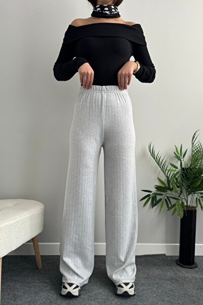 FAARKCOLLECTİON Kadın Fitilli Triko Pantolon Gri