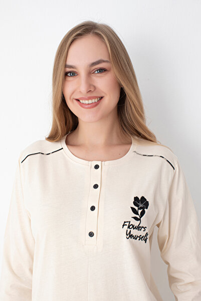 SENFONİ HOMEWEAR EKRU/SİYAH    DESENLİ DÜĞMELİ YAKA UZUN  KOL PİJAMA TAKIMI