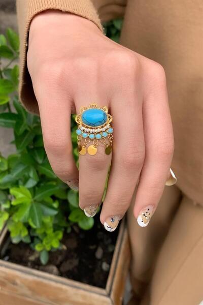 Bayar Gold 14 Ayar Altın Mavi 5 Pullu Firuze Taş Yüzük