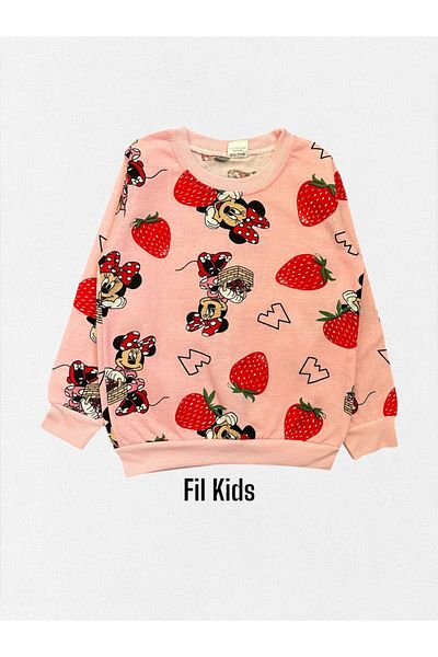 Fil Kids Girl's 100% Cotton Raster Mickey Strawberry Print Pink Long Sleeve Pajamas Set