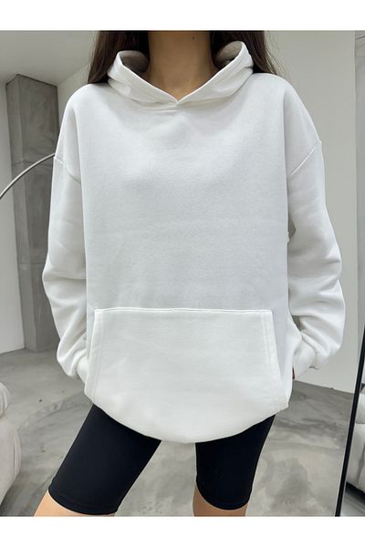 BİKELİFE Women's White Oversize Rose Gold Three Thread Hooded Sweatshirt