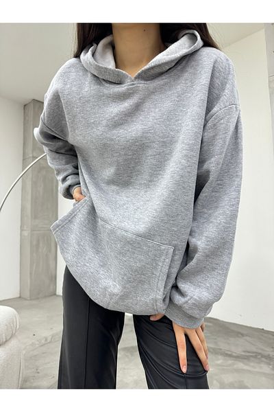 BİKELİFE Graues Oversize-Kapuzensweatshirt mit drei Fäden für Damen in Roségold