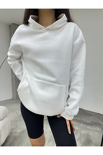 BİKELİFE Γυναικείο φούτερ με κουκούλα με κουκούλα με τρεις κλωστές, λευκό Oversize