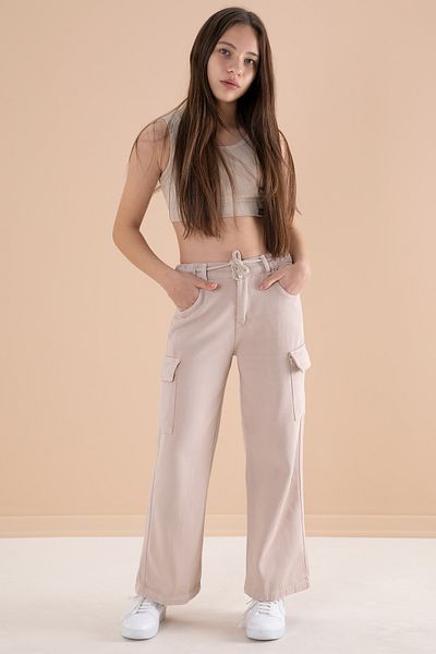 Cansın Mini Pantaloni de jeans cu buzunar cargo pentru fete, crem, cu talie lată, cu șireturi 20133