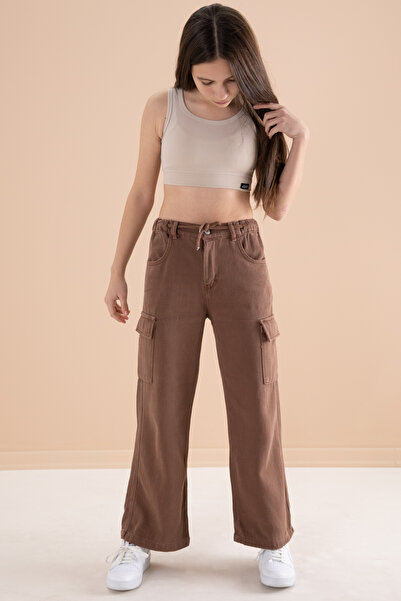 Cansın Mini Καφέ παντελόνι τζιν με φαρδύ πόδι με κορδόνι για κορίτσια Cargo Pocket 20135