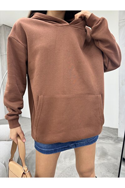 BİKELİFE Γυναικείο φούτερ με κουκούλα με τρεις κλωστές σε καφέ Oversize ροζ χρυσό