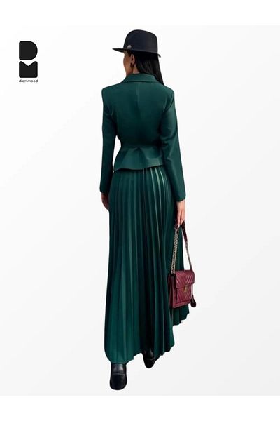 Diemmood Green Belted Blazer Jacket and Pleated Skirt Set