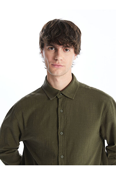 LC Waikiki Ανδρικό πουκάμισο με μακρυμάνικο υφή από ποπλίνα χακί κανονικής εφαρμογής