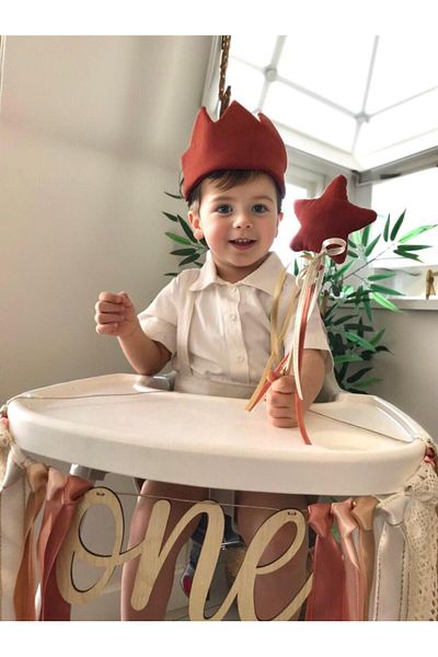 azecekids Set of 4 Minimal Bohemian Birthday Party - Tile Handmade, Muslin Star Wand and Hat Cake Ornament