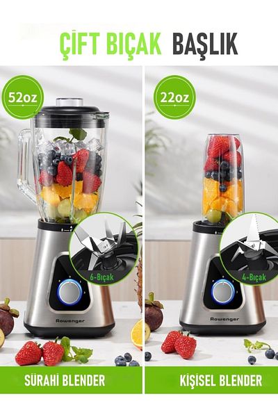 Rowenger 1.5Lt Inox Smoothie Blender - 600ml Personal Blender with 2in1 Glass Bowl and Jug