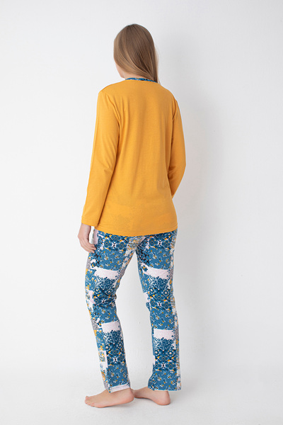 SENFONİ HOMEWEAR Hardal/Mavi Desenli Uzun Kol Pijama Takımı