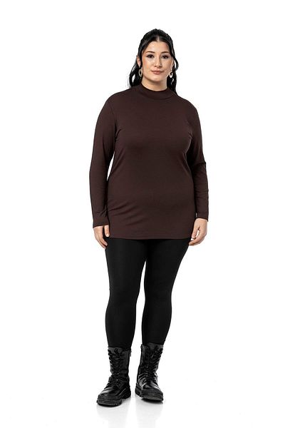 DISENTIS MODEST Plus Size Half Fisherman Long Sleeve Viscose Brown Bodysuit