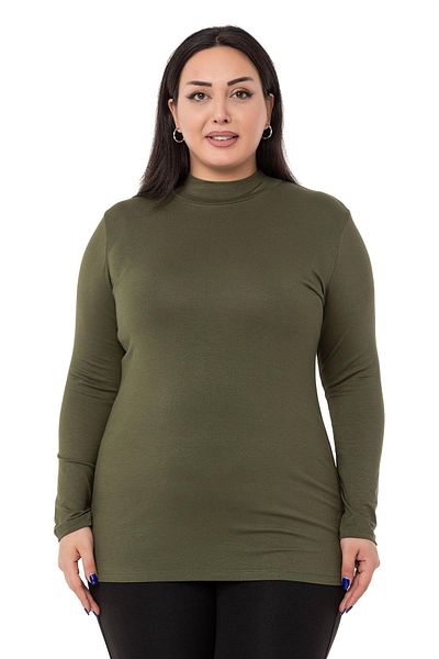 DISENTIS MODEST Large Size Half Fisherman Long Sleeve Viscose Khaki Body
