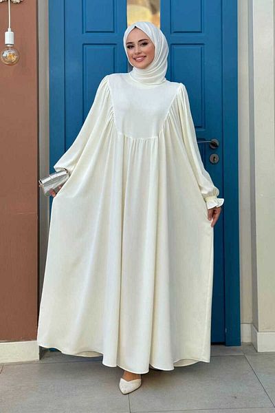 Bym Fashion Ecru Colored 6004 Model Dress with Sleeve Cuffs and Drawstring