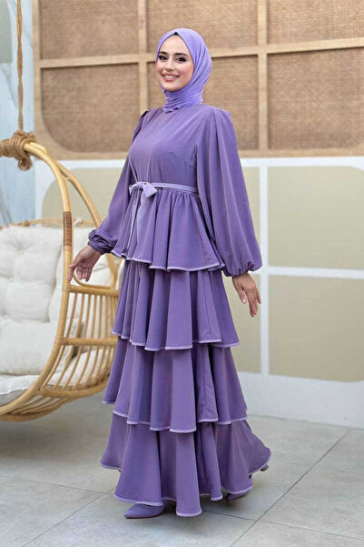 Bym Fashion Lilac Floor Detailed Waist Belted Dress 6029