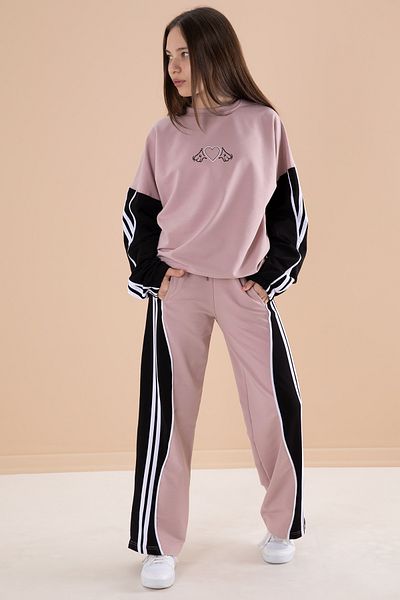 Cansın Mini Dusty Rose Girl's 2-Piece Set with Stripes on the Sides 20102