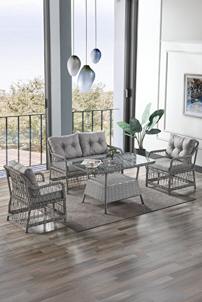 Evdemo Breda Rattan Örgü Bahçe Balkon Takımı 2+1+1 Cam Masalı Gri