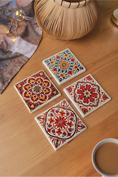 arslart قواعد أكواب من الحجر الطبيعي بنمط عثماني وسيراميك - مجموعة من 4 قطع