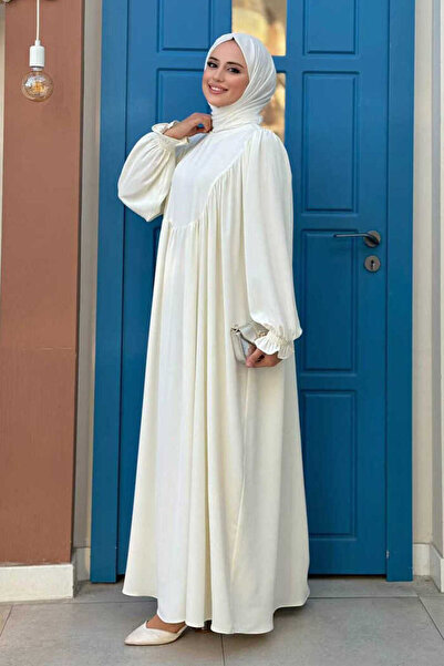 Bym Fashion Ecru Colored 6004 Model Dress with Sleeve Cuffs and Drawstring