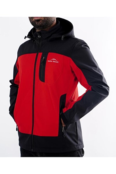 SNOWMOUNT Siyah Kırmızı Renk Softshell Sök Tak Kapüşonlu Polarlı Kışlık Mont