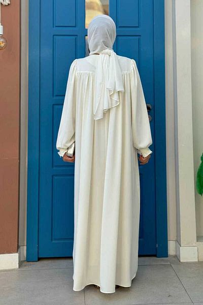 Bym Fashion Ecru Colored 6004 Model Dress with Sleeve Cuffs and Drawstring