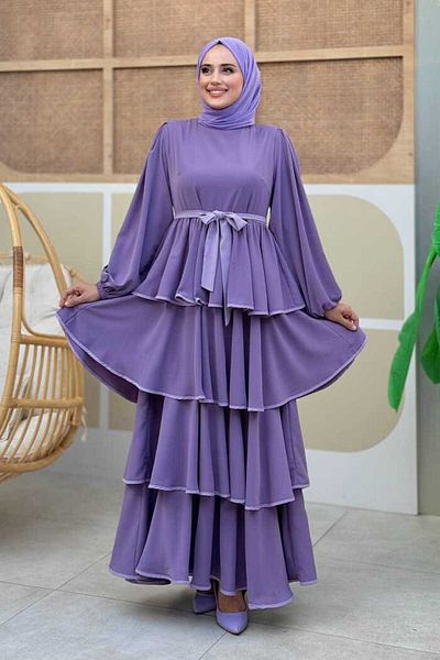 Bym Fashion Lilac Floor Detailed Waist Belted Dress 6029