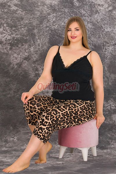 quilling Black Color Leopard Patterned Lady 10712 Women's Large Size Leggings and Capri Mother Pajamas Set