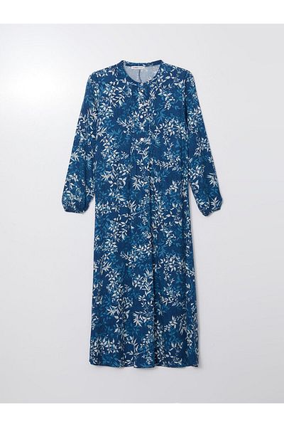 LC Waikiki Dámské květinové šaty LCW Grace Indigo Crew Neck