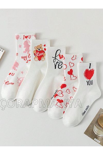 çorapmanya 5 чифта дамски многоцветни колежански чорапи с мотиви на любов/сърце