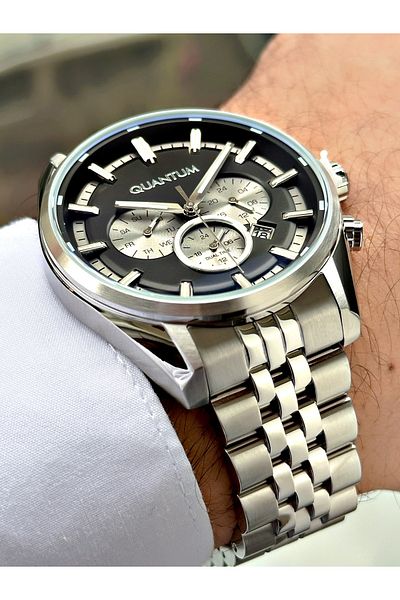 Quantum Function Silver-Black Color Steel Band Steel Case Men's Wrist Watch 987350