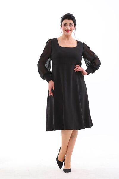 IŞILTI فستان سهرة شيفون مرن برقبة مربعة متوسط الطول مقاس كبير - 3087