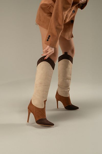 AYAKKABI PRENSİ Tan and Light Brown Suede Women's Boots, Heeled Boots