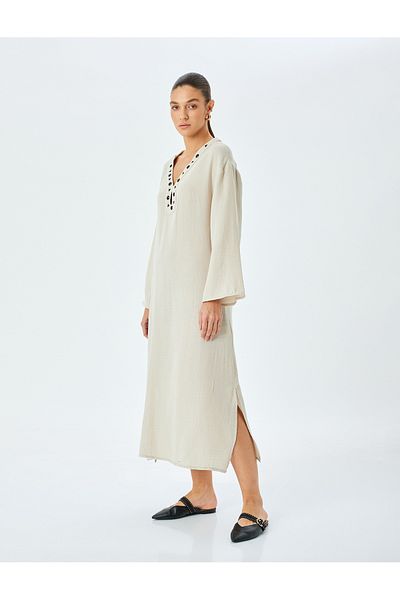 Koton Stone Embroidered V Neck Long Sleeve Cotton Casual Fit Long Dress