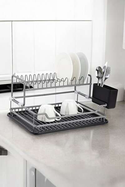 Vadi Füme Renk Paslanmaz Alüminyum Bulaşıklık 2 Katlı - Modern Mutfak Tabaklık Lavabo Üstü Raf