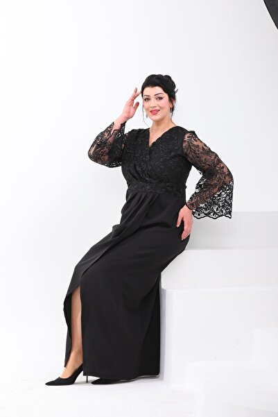 IŞILTI فستان سهرة طويل من الدانتيل باللون العنابي - خط عنق مزدوج الصدر وأكمام...