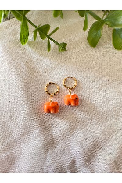 Atelier Çağla Orange Ceramic Elephant Steel Hoop Earrings