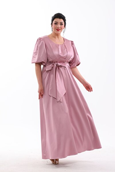 IŞILTI فستان سهرة مرن كبير الحجم من الساتان برقبة دائرية وأكمام فقاعية - 3094