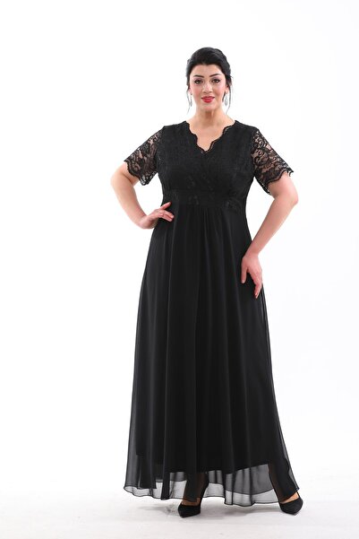 IŞILTI فستان سهرة دانتيل شيفون رقبة متقاطعة وأكمام قصيرة مقاس كبير فستان سهرة...