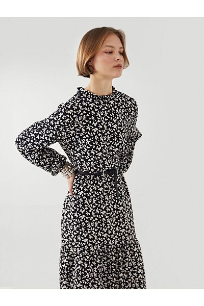 LC Waikiki Lcw Modest Black Stand Collar Print Women's Dress