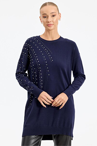 Tığ Triko Omuzu Ve Kolu Taş Detaylı Tunik LACİVERT