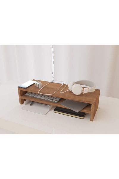 Mahmayi Wooden Riser Monitor Stand with 2 Tier Storage Shelf, Monitor Stand for Home-NATURAL DIJON WALNUT