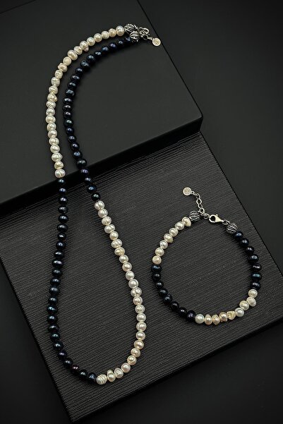 FRNCH 925 Ayar Gümüş ve İnci Taşlı Lacivert-Beyaz Renk Erkek Bileklik/Kolye S...