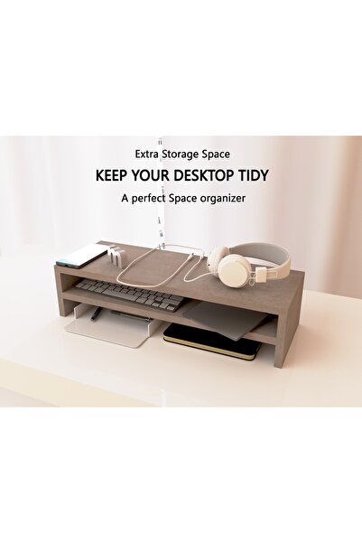 Mahmayi Wooden Riser Monitor Stand with 2 Tier Storage Shelf, Monitor Stand for Home Office-LIGHT CONCRETE