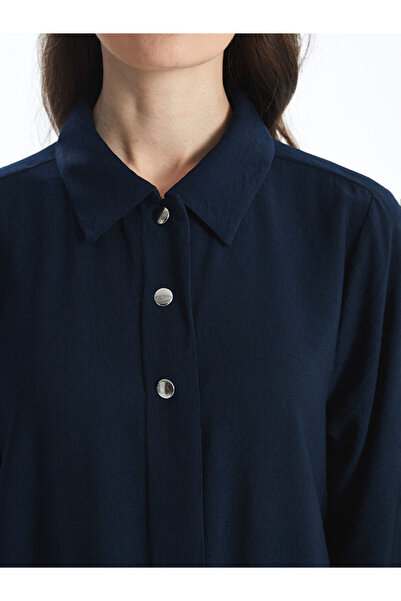 LC Waikiki LCW Grace sötétkék inggalléros lenvászon megjelenésű női ruha