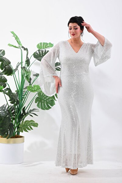 IŞILTI BÜYÜK BEDEN Rochie de seara lunga model pește cu paiete albe - 3100