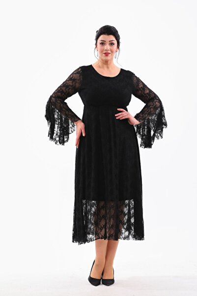 IŞILTI Dantela decolteu cu maneca Valon Rochie SBiyie Marime Plus 3103 - Roch...