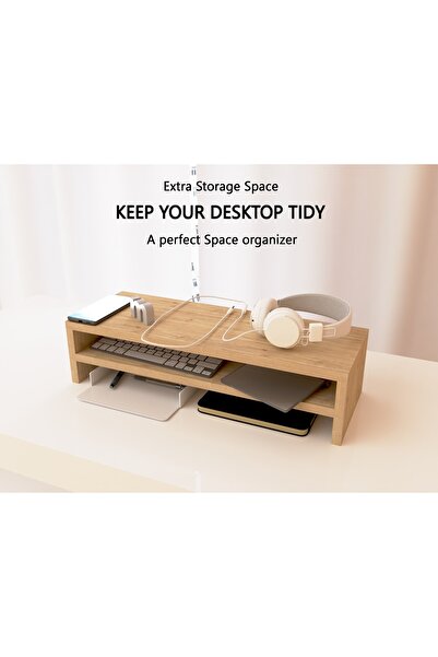 Mahmayi Wooden Riser Monitor Stand with 2 Tier Storage Shelf, Monitor Stand for Home-NATURAL DAVOS OAK